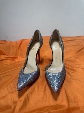 USED Christian Louboutin Silver Glitter Pointed-Toe Pumps with Red Soles